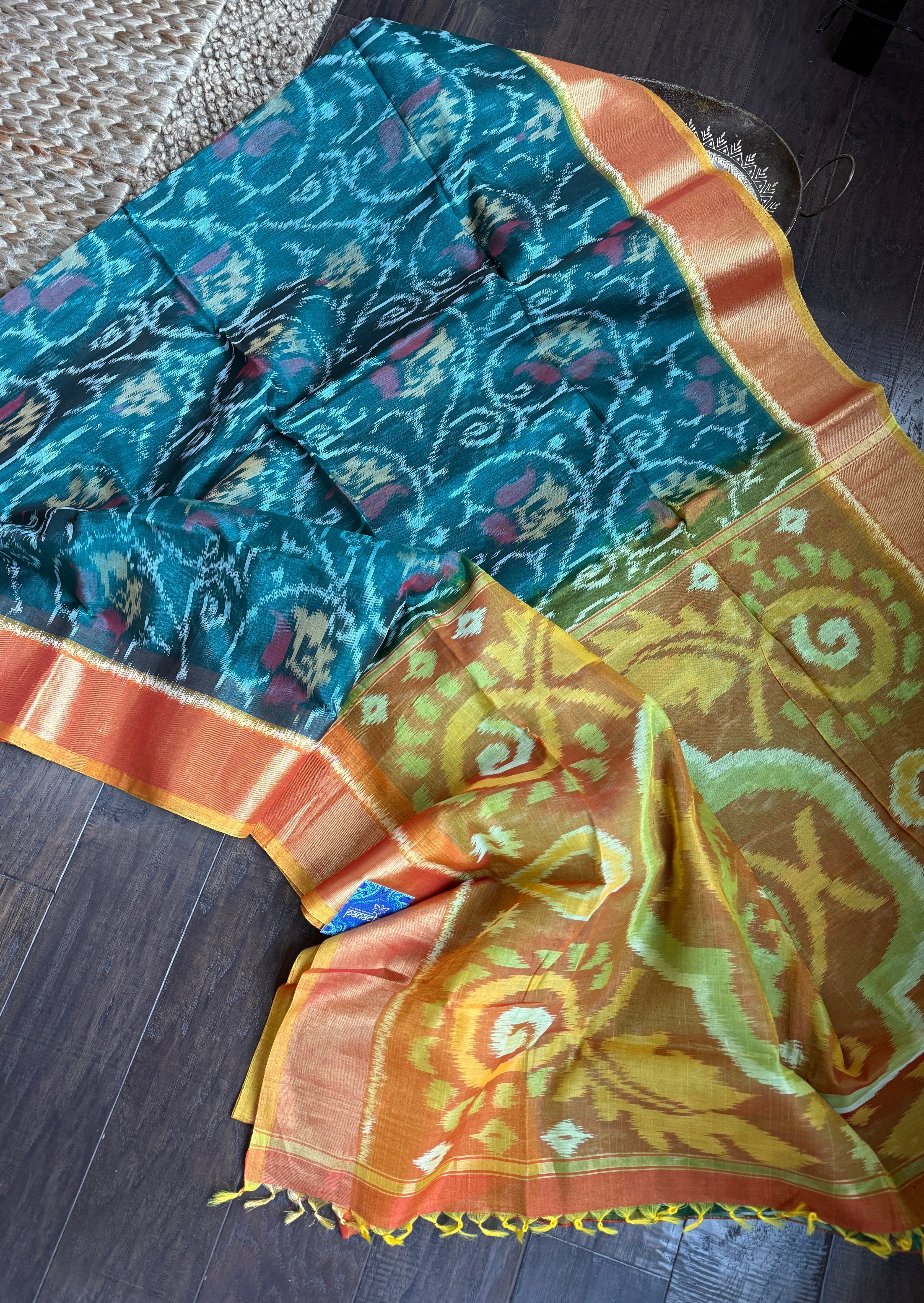 Pure Cotton Silk Ikat - Teal Green Orange