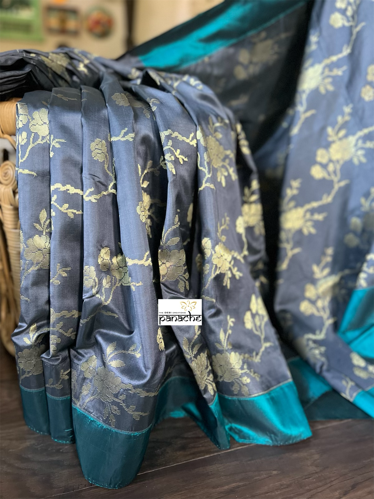 Pure Silk Katan Banarasi - Grey Teal Blue