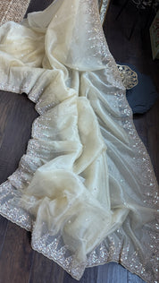 Designer Crushed Chiffon - Light Butter Yellow Sequin Hand Work