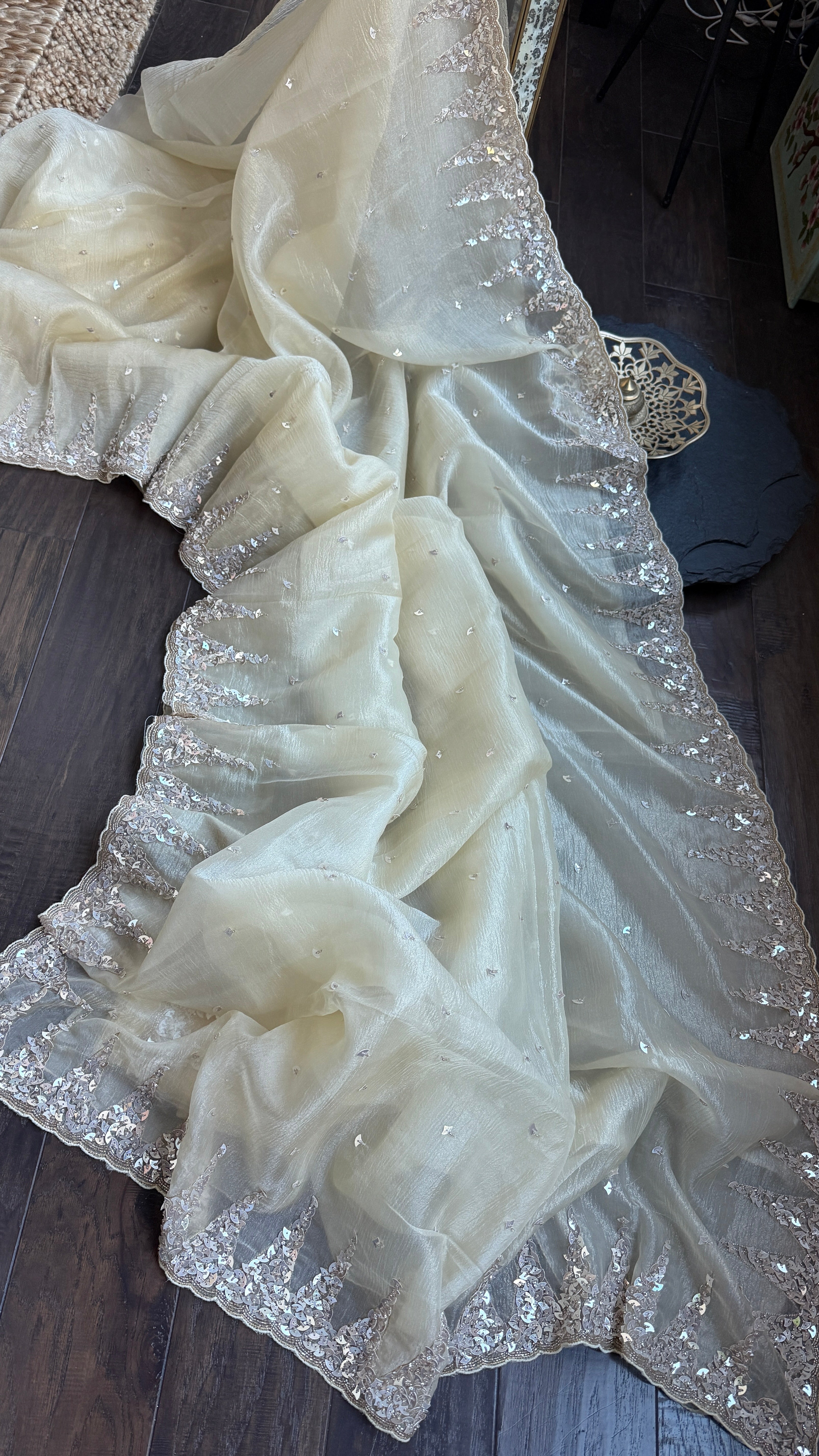 Designer Crushed Chiffon - Light Butter Yellow Sequin Hand Work