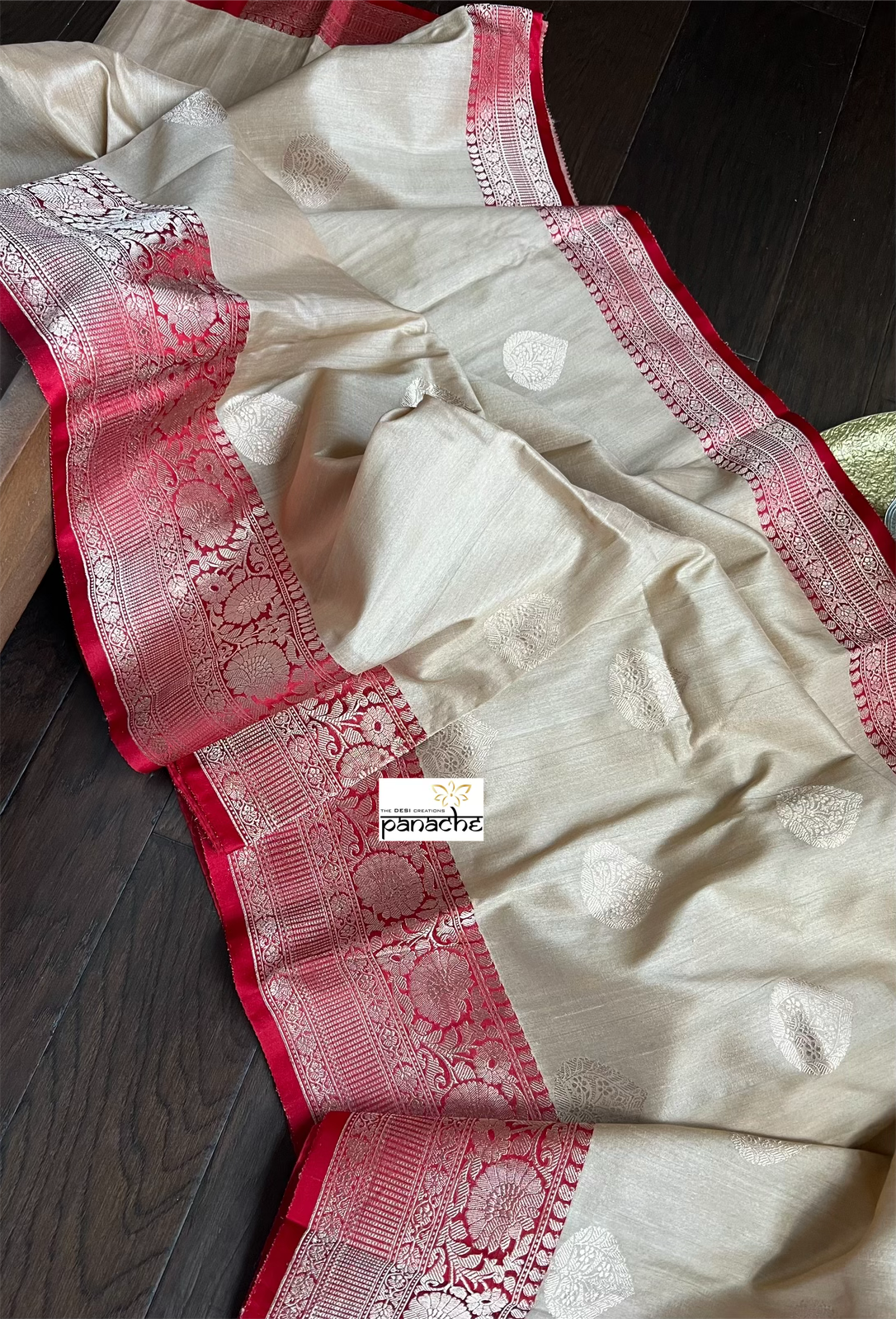 Tussar Silk Banarasi - Tan Beige Red