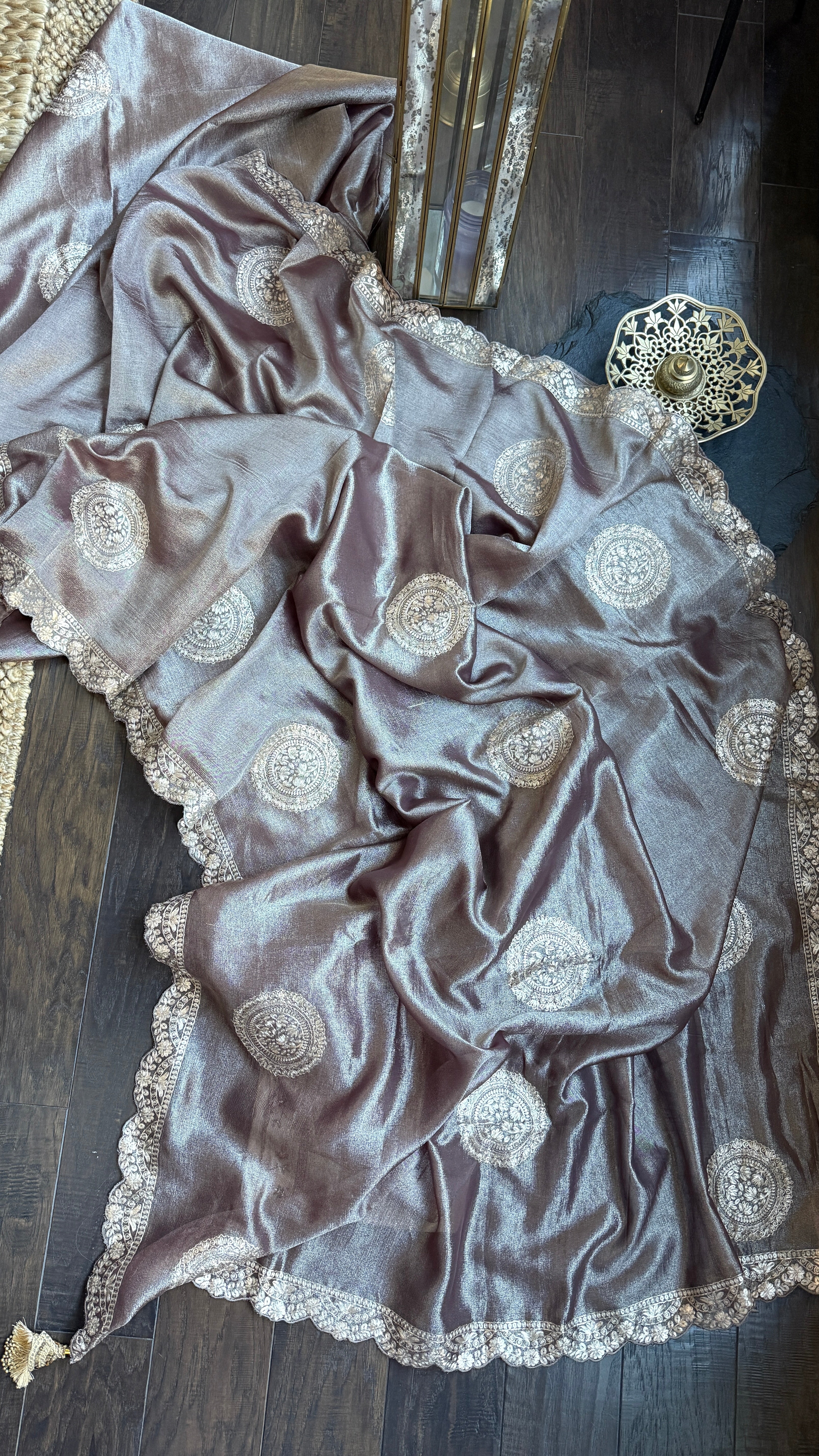 Designer Crushed Tissue Georgette - Brown Hand Pitta Work