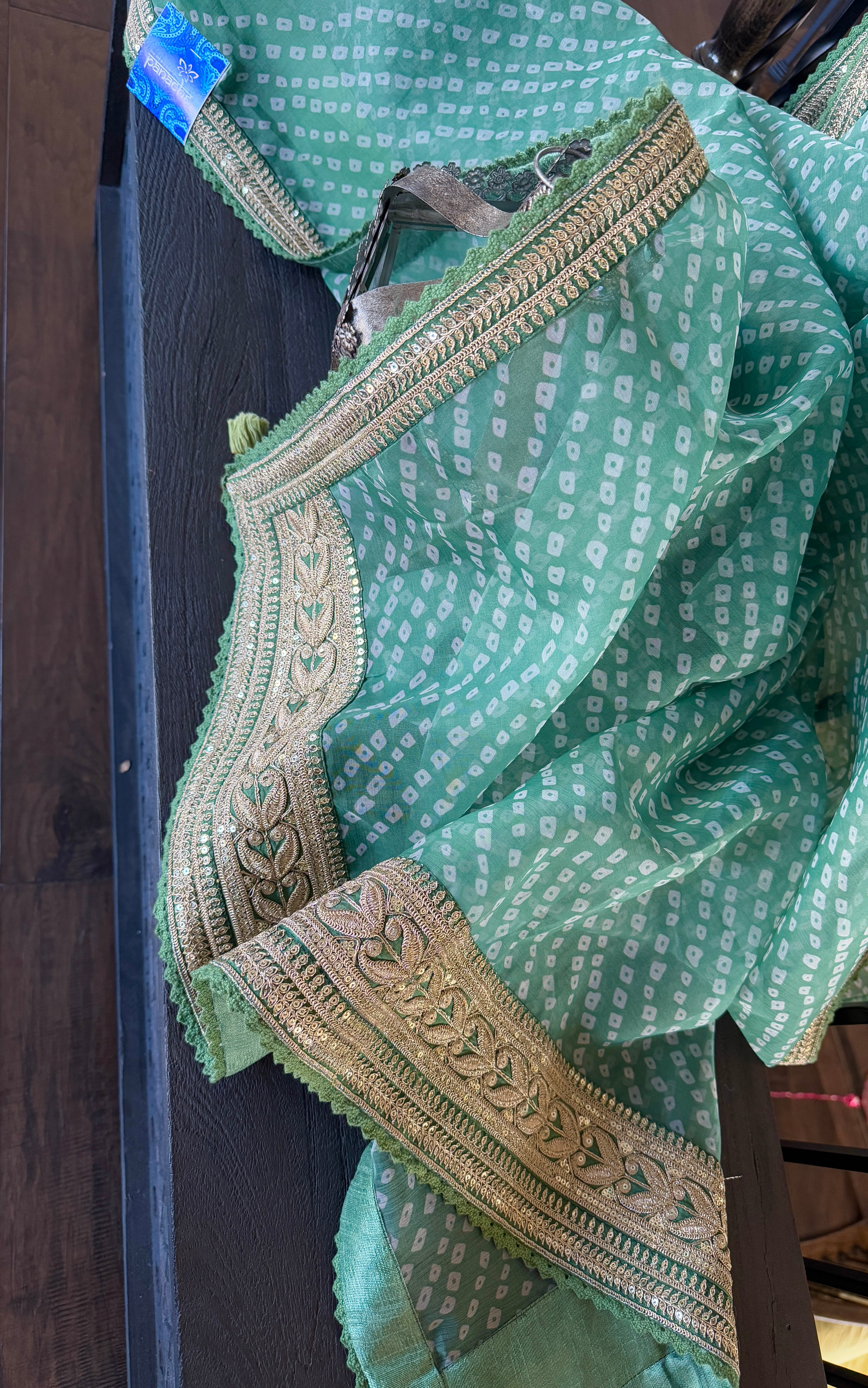 Designer Organza Bandhej - Sage Green Gota Patti