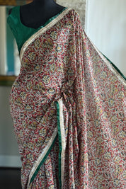 Designer Soft Silk - Green Maroon Kalamkari Printed