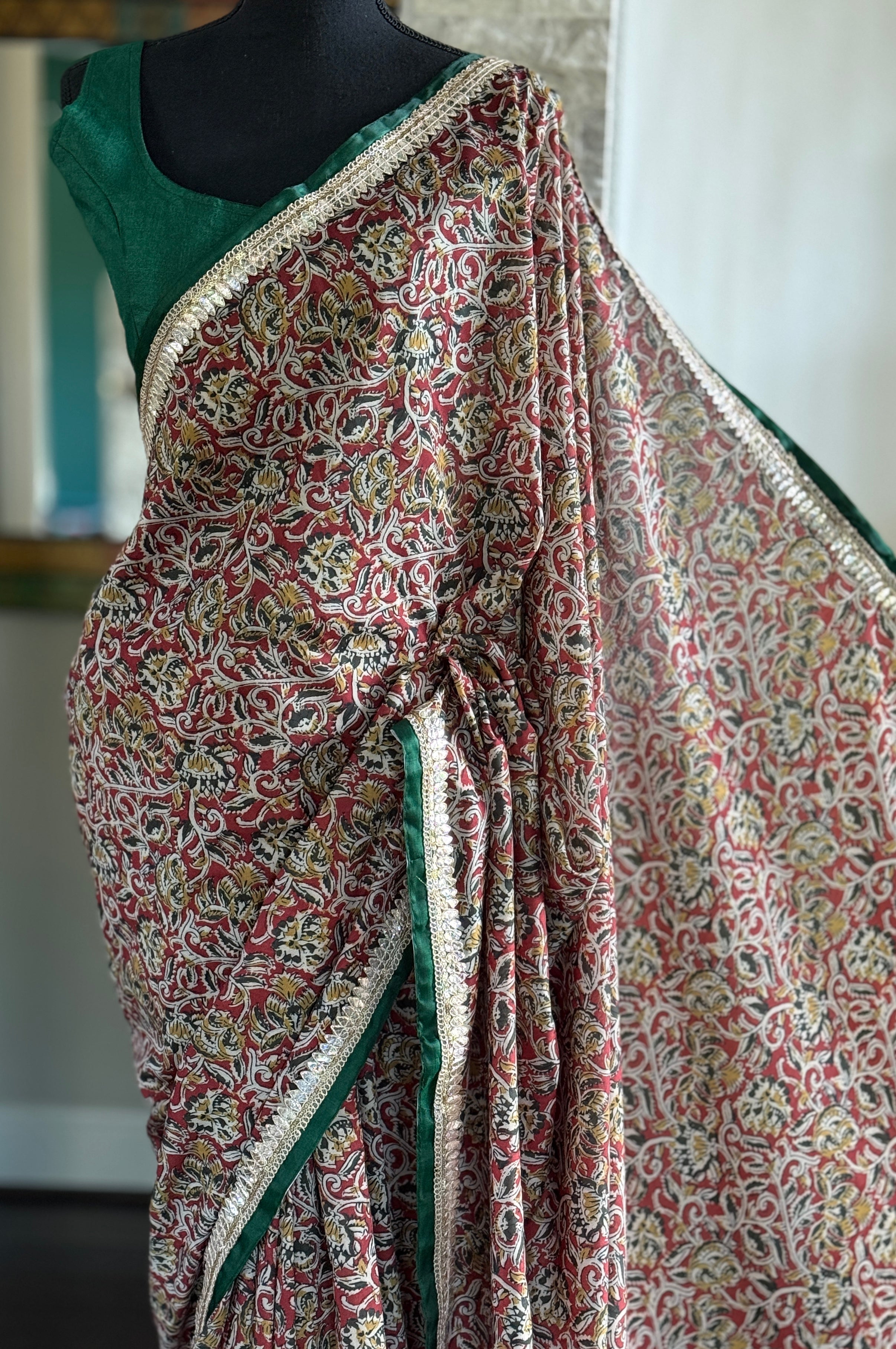Designer Soft Silk - Green Maroon Kalamkari Printed