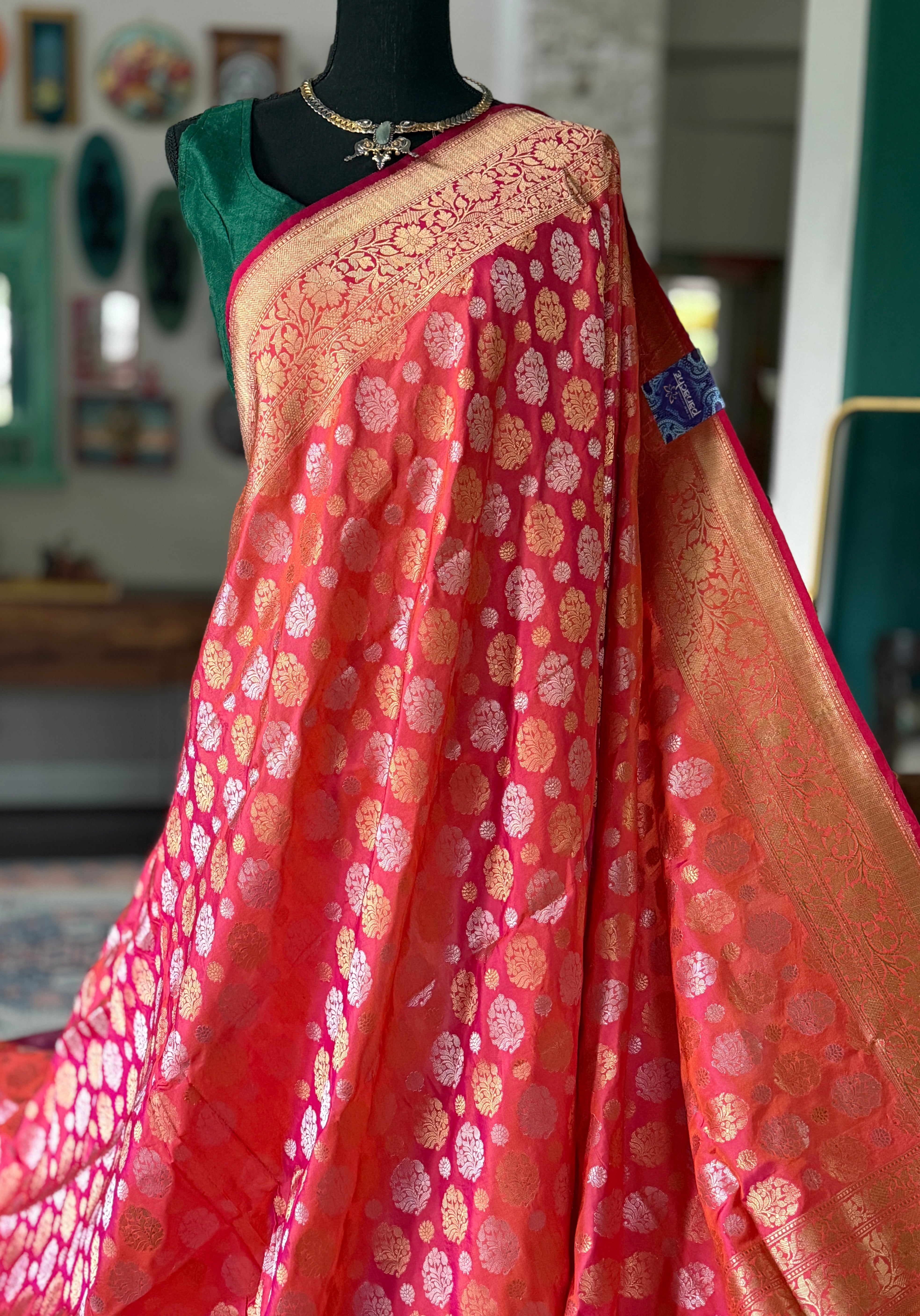 Pure Silk Banarasi - Pink Orange Dual shaded Antique Zari