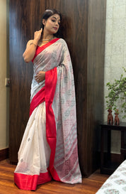Pure Khadi Cotton Hand Kantha - White Red