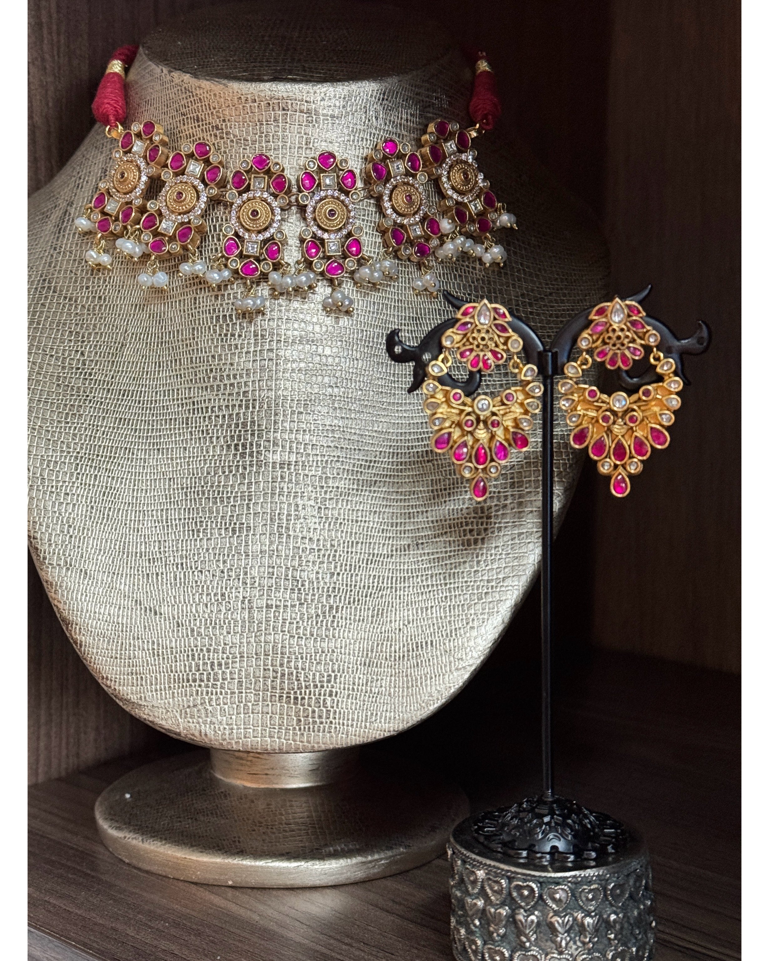 Silver 925 Choker Set - Kundan Stone