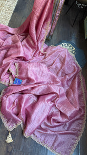 Designer Crushed Tissue Silk - Onion Pink Embroidered
