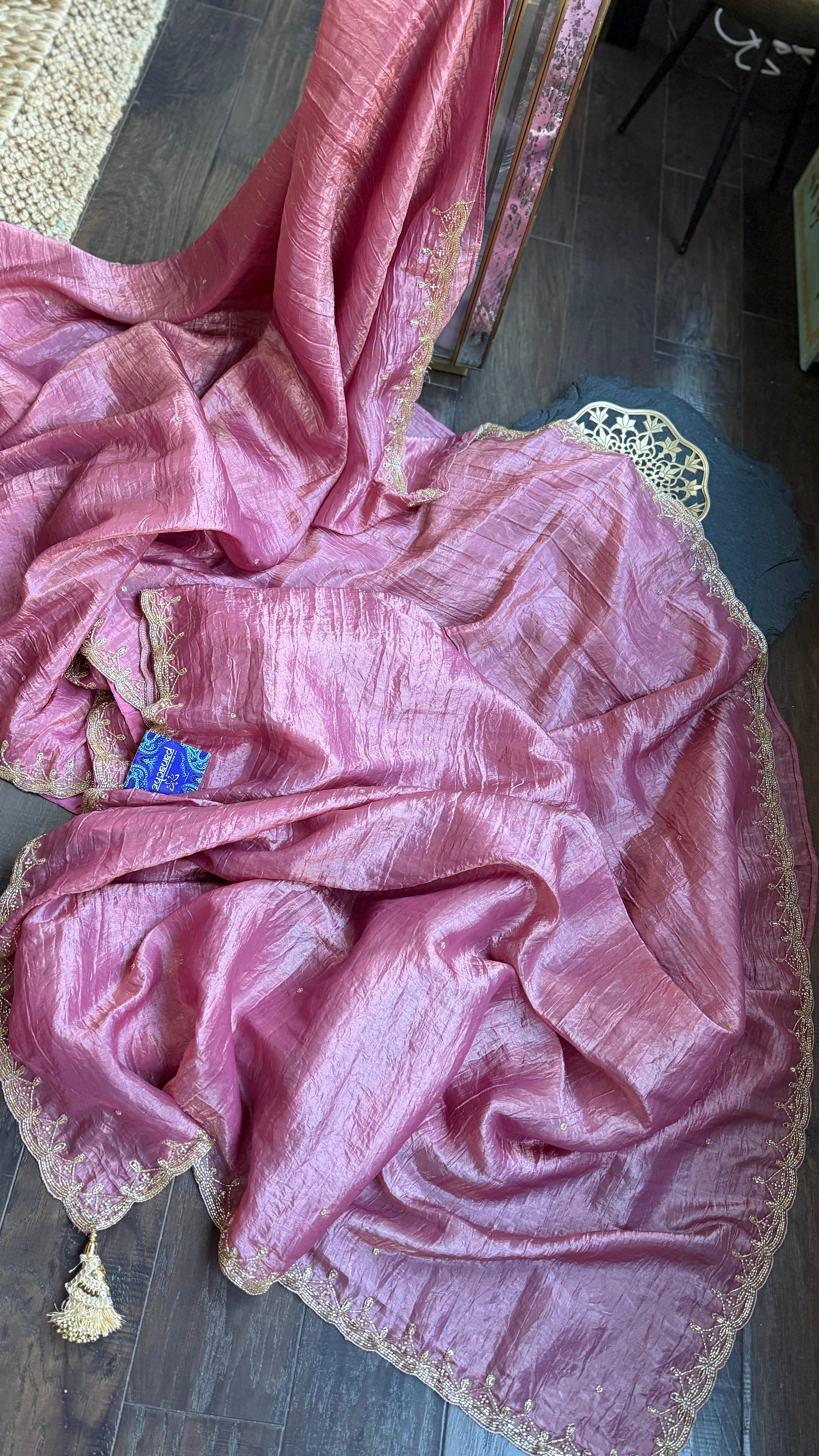 Designer Crushed Tissue Silk - Onion Pink Embroidered