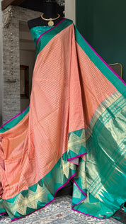 Pure Silk Katan Banarasi - Yellow Sea Green Checkered