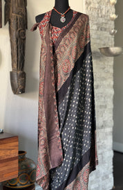 Modal Silk Bandhej Ajrakh - Grey Brown