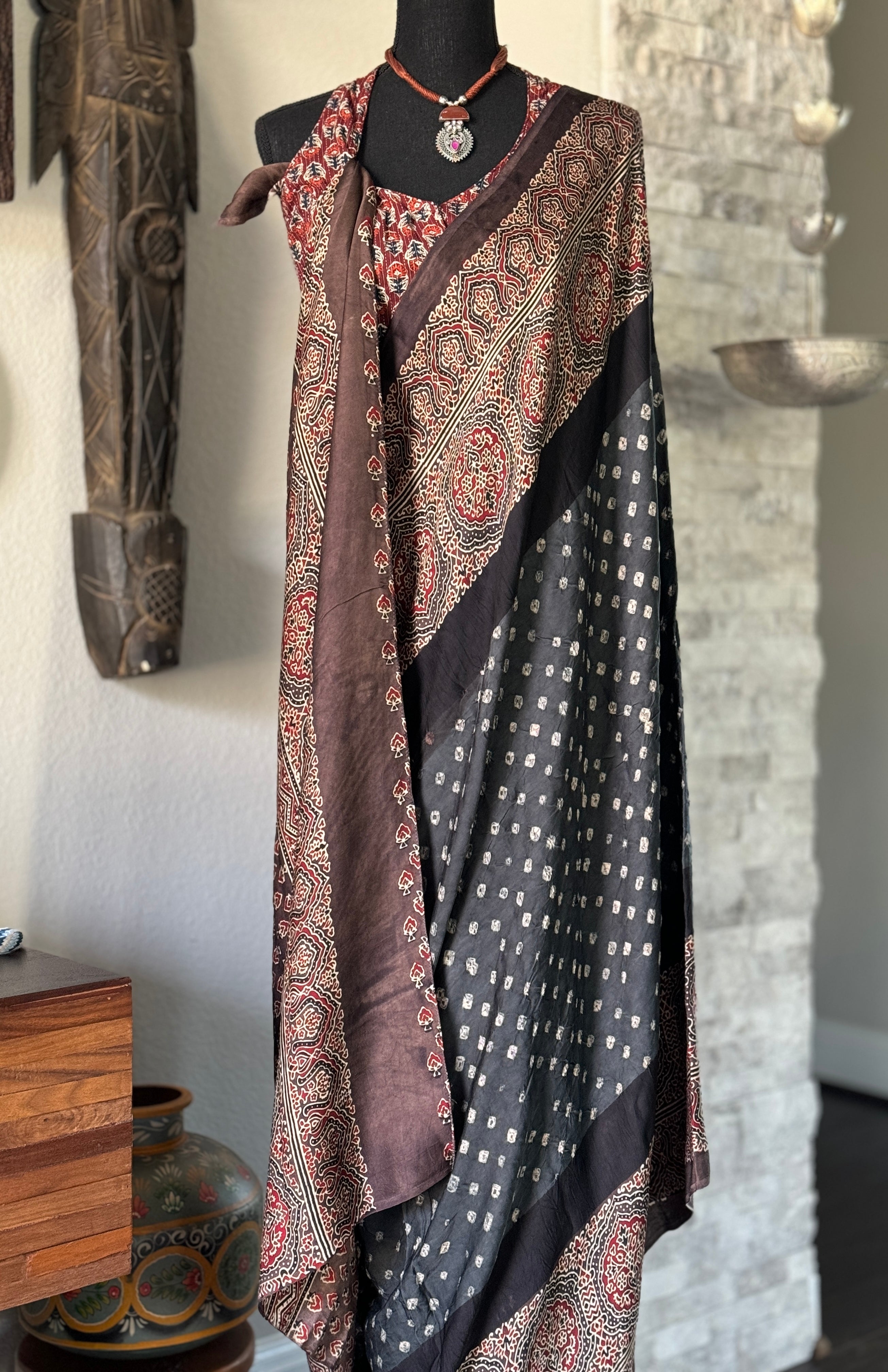 Modal Silk Bandhej Ajrakh - Grey Brown