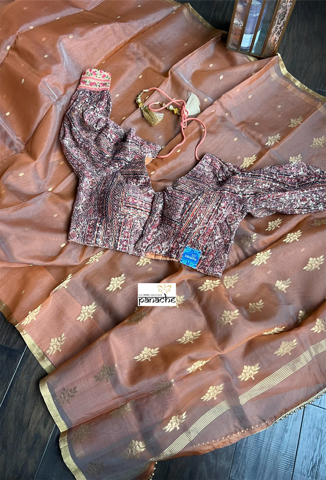 Chanderi Organza Silk - Peach Orangw Zari Woven
