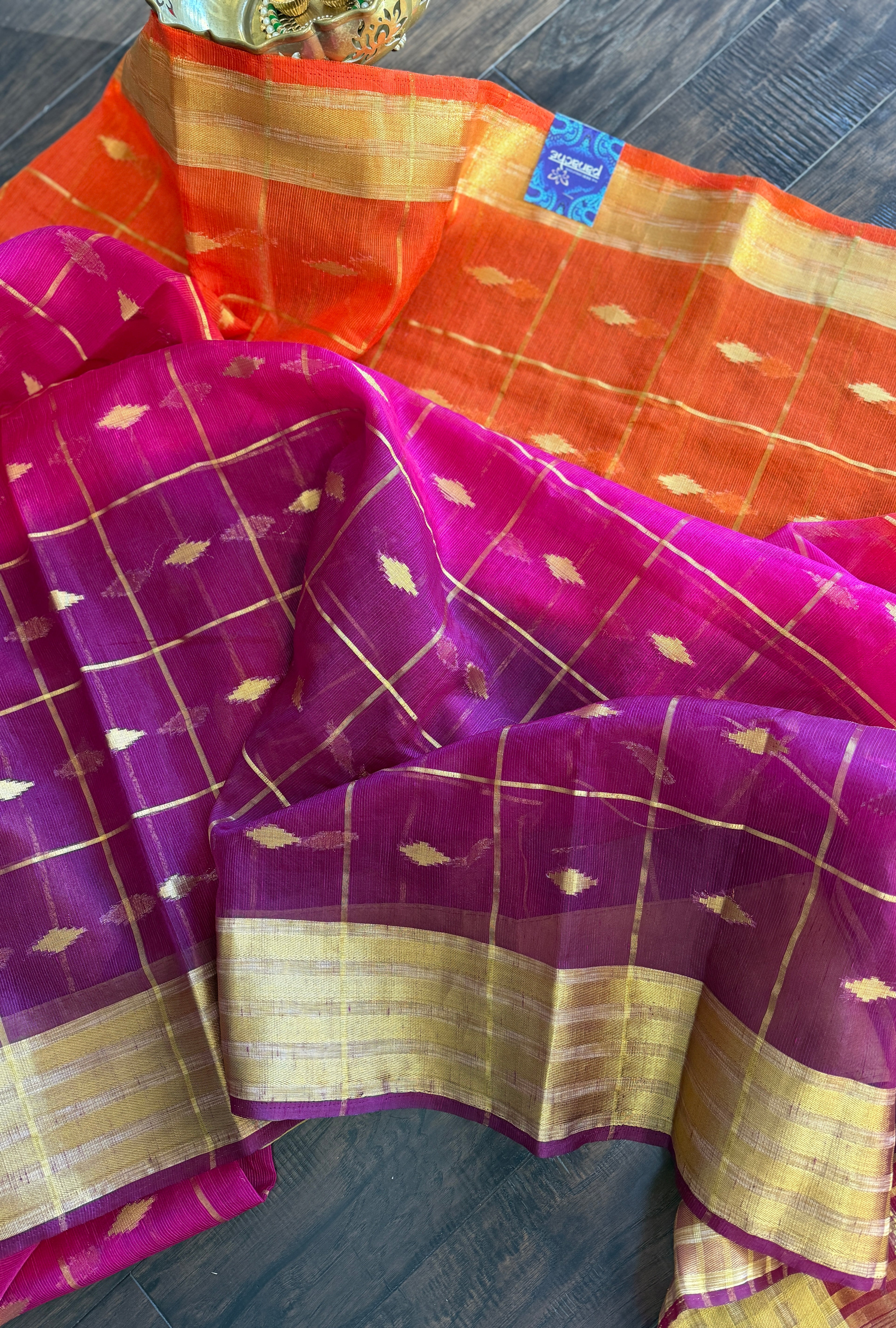 Soft Dupion Cotton Saree - Orange Magenta Purple