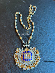 Silver Long Necklace - Blue Kundan Pendant