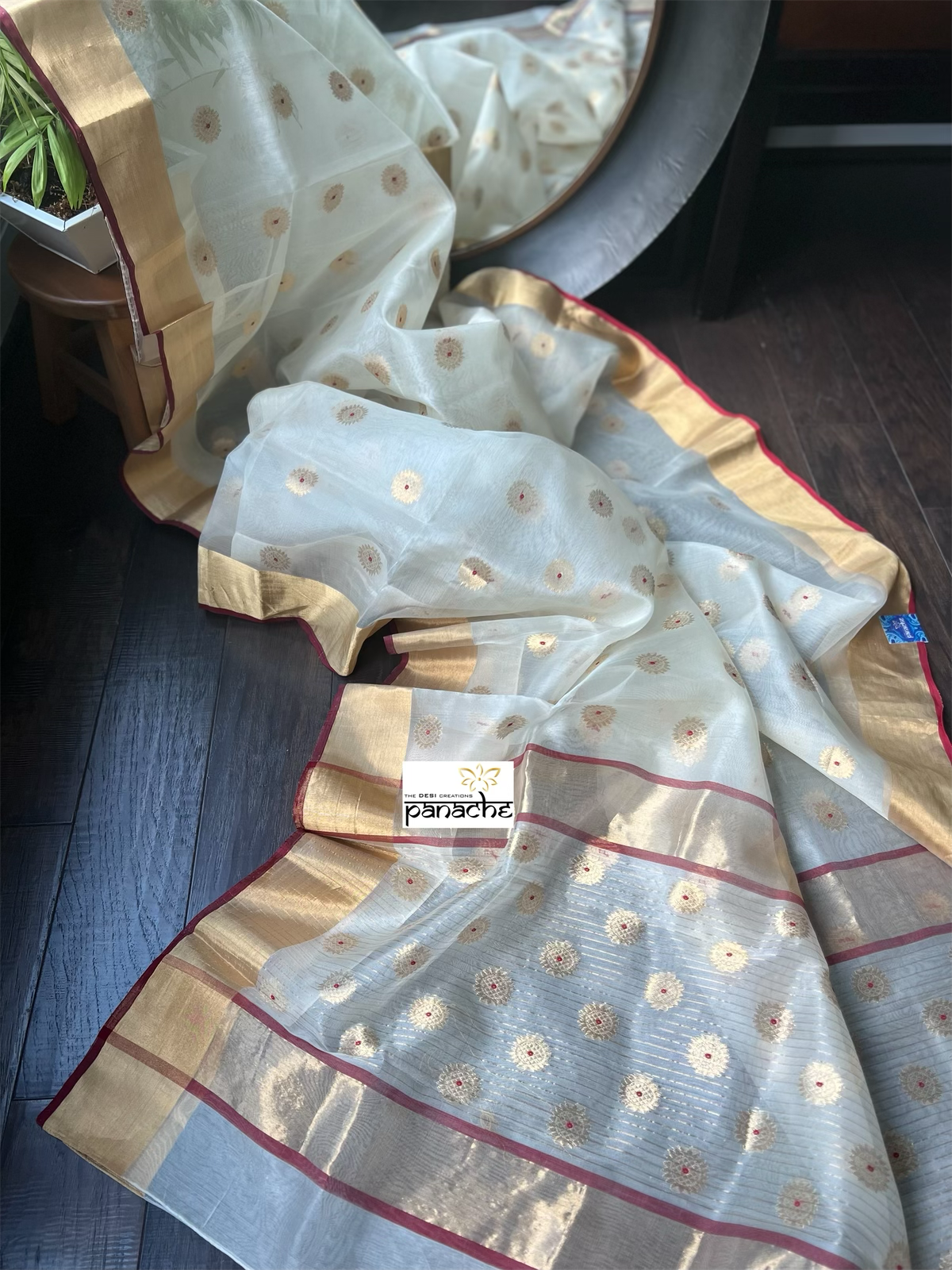 Pure Chanderi Organza Silk - Beige Golden Red Iknaliya