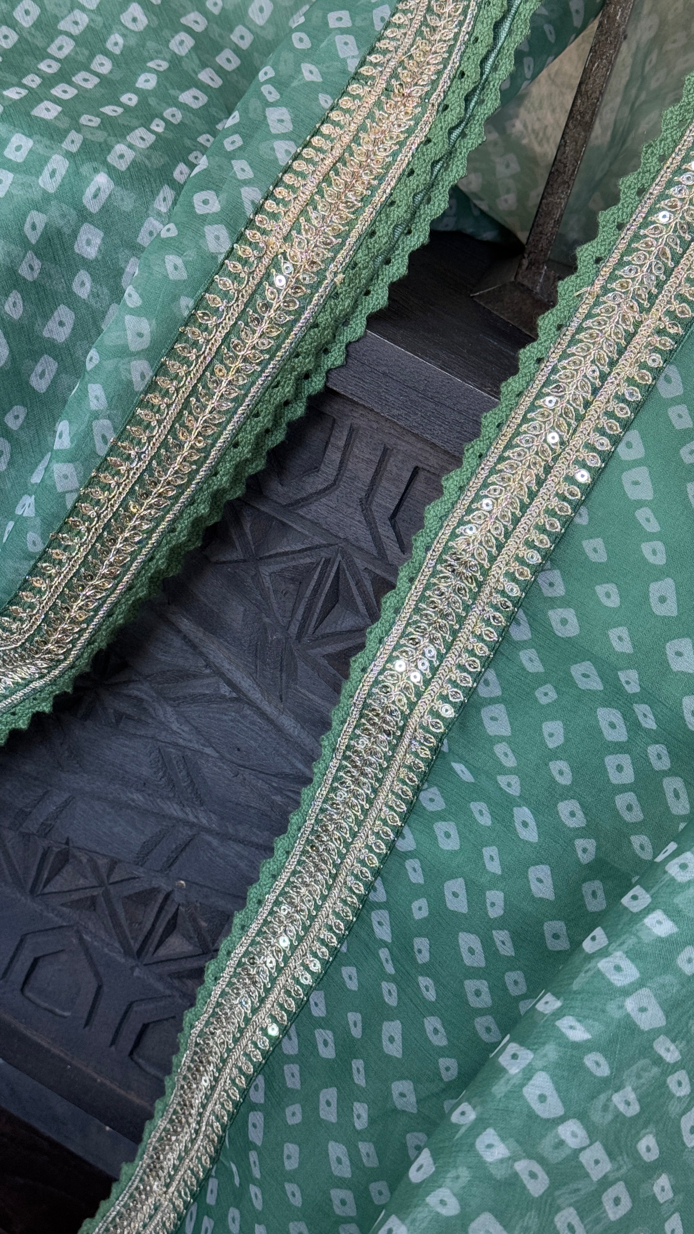 Designer Organza Bandhej - Sage Green Gota Patti