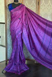 Pure Tussar Silk Kantha Stitch -  Magenta Purple Blue