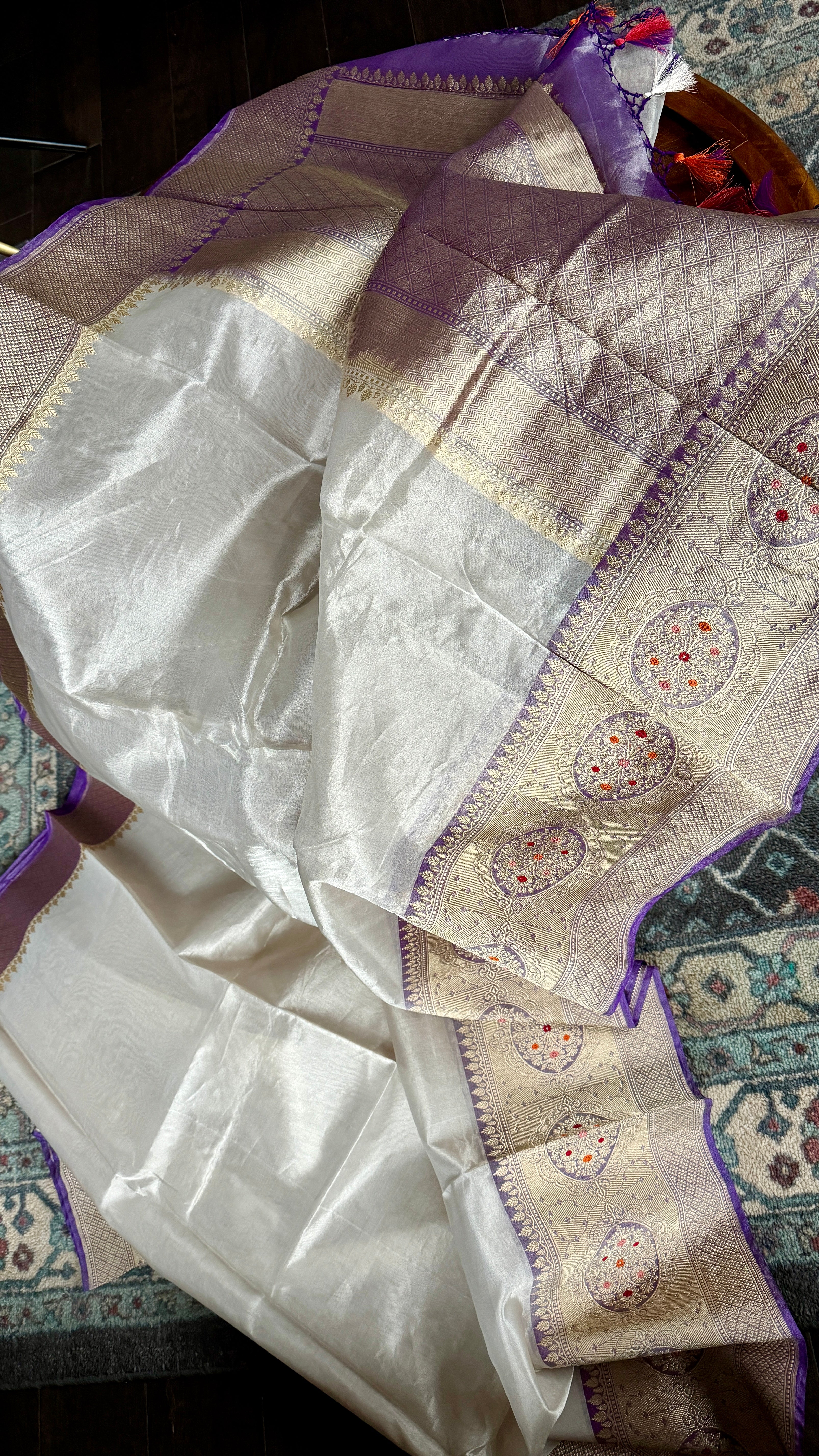 Pure Tissue Kora Silk Banarasi - Cream Purple