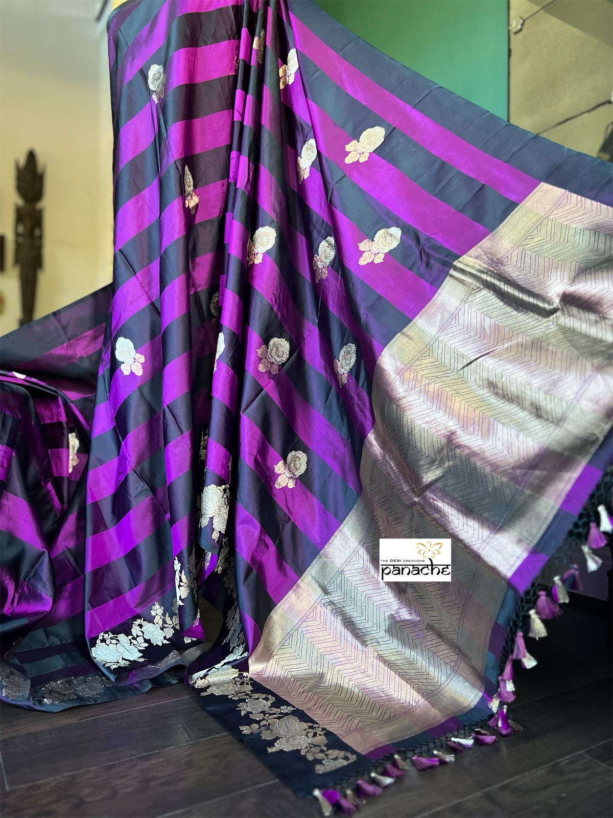 Pure Silk Mashru Banarasi- Black Purple Antique Zari