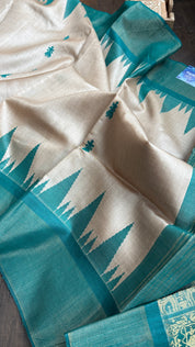 Pure Tussar Silk - Beige Teal Green