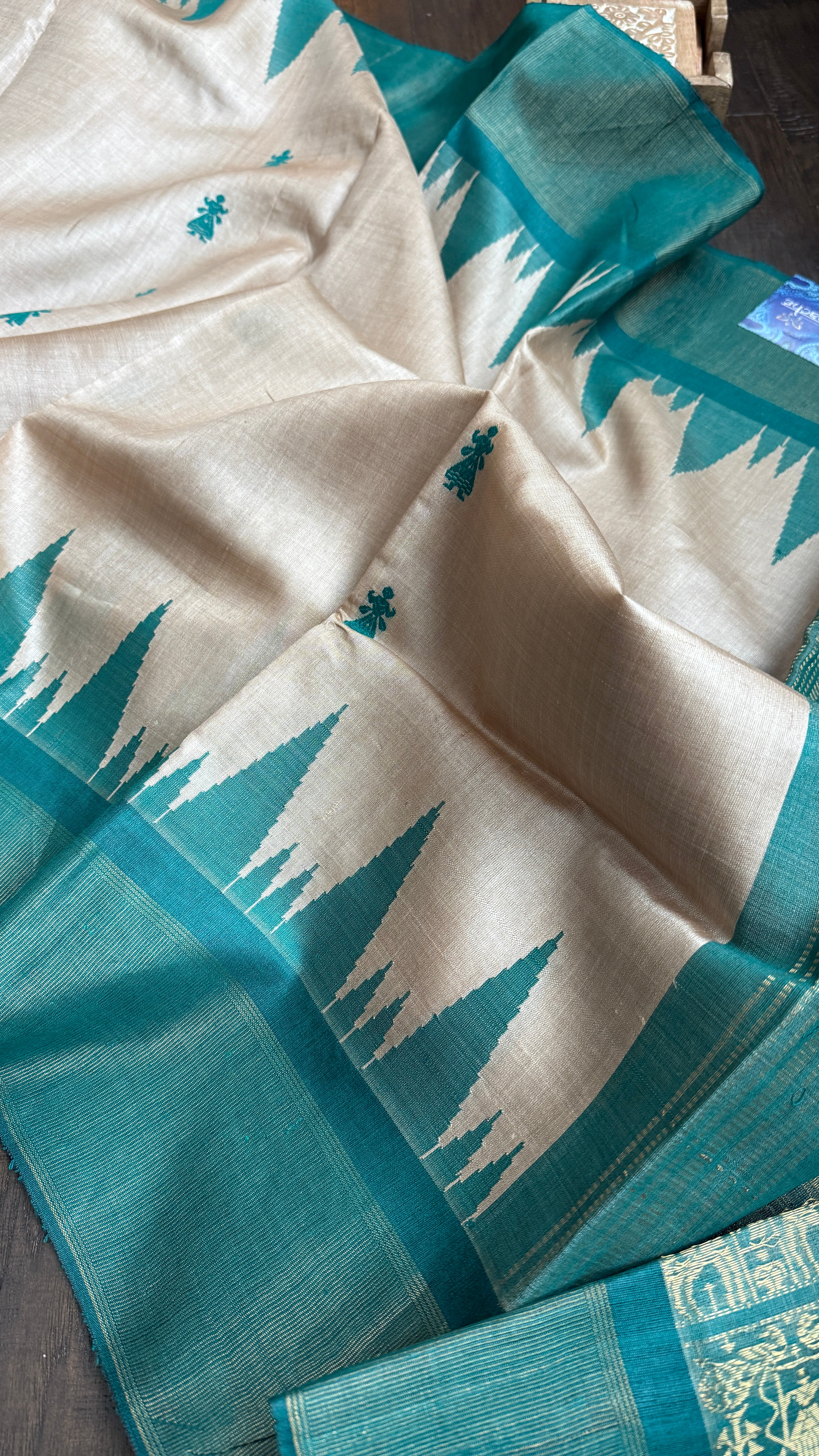 Pure Tussar Silk - Beige Teal Green