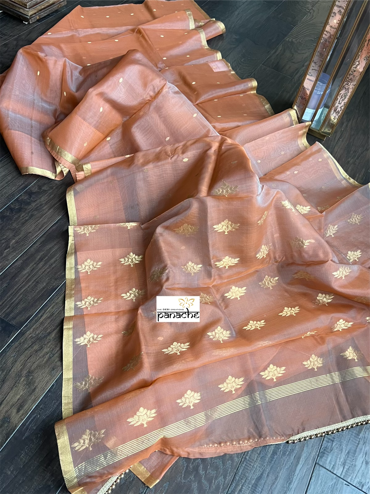 Chanderi Organza Silk - Peach Orangw Zari Woven