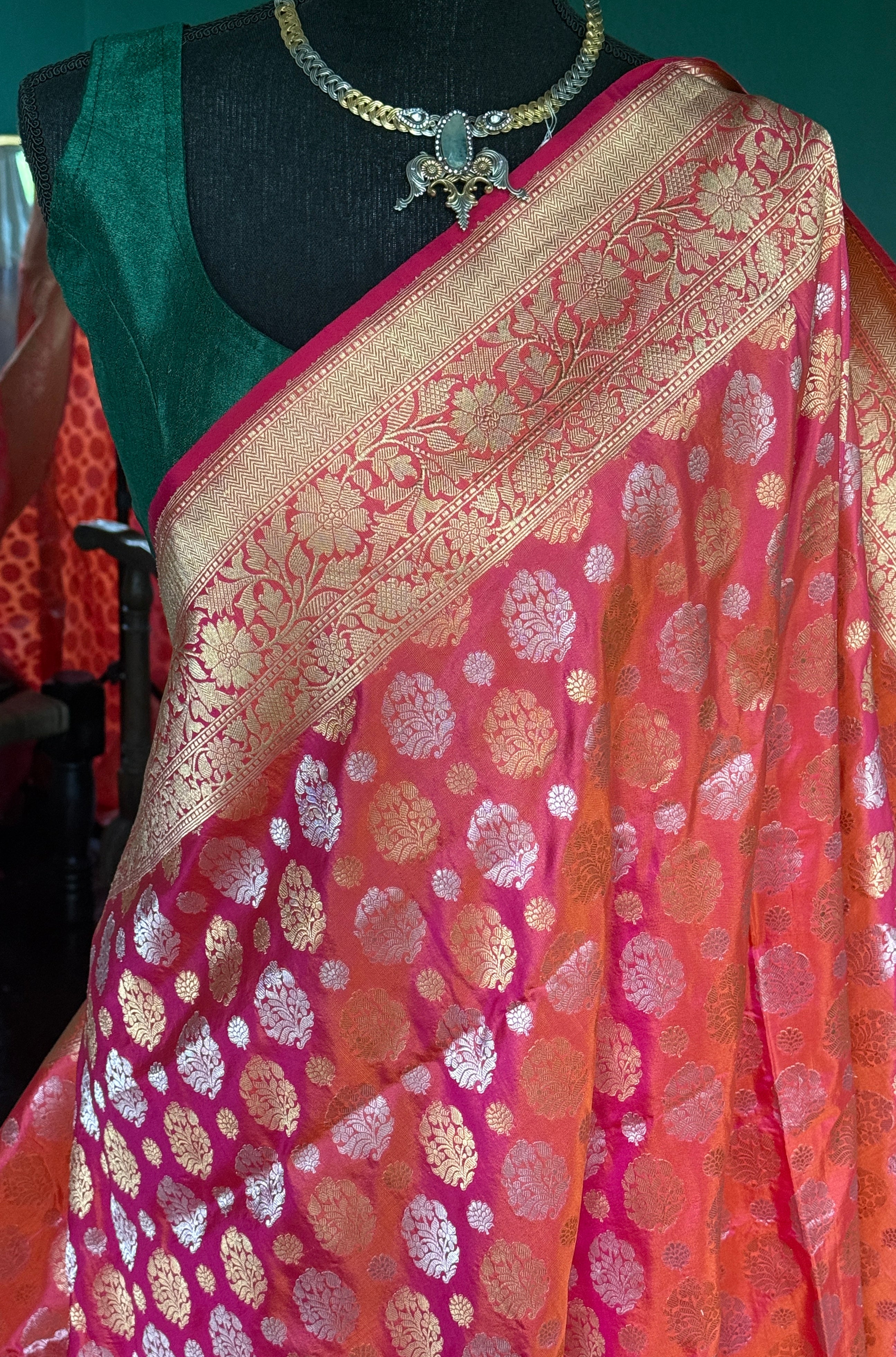 Pure Silk Banarasi - Pink Orange Dual shaded Antique Zari