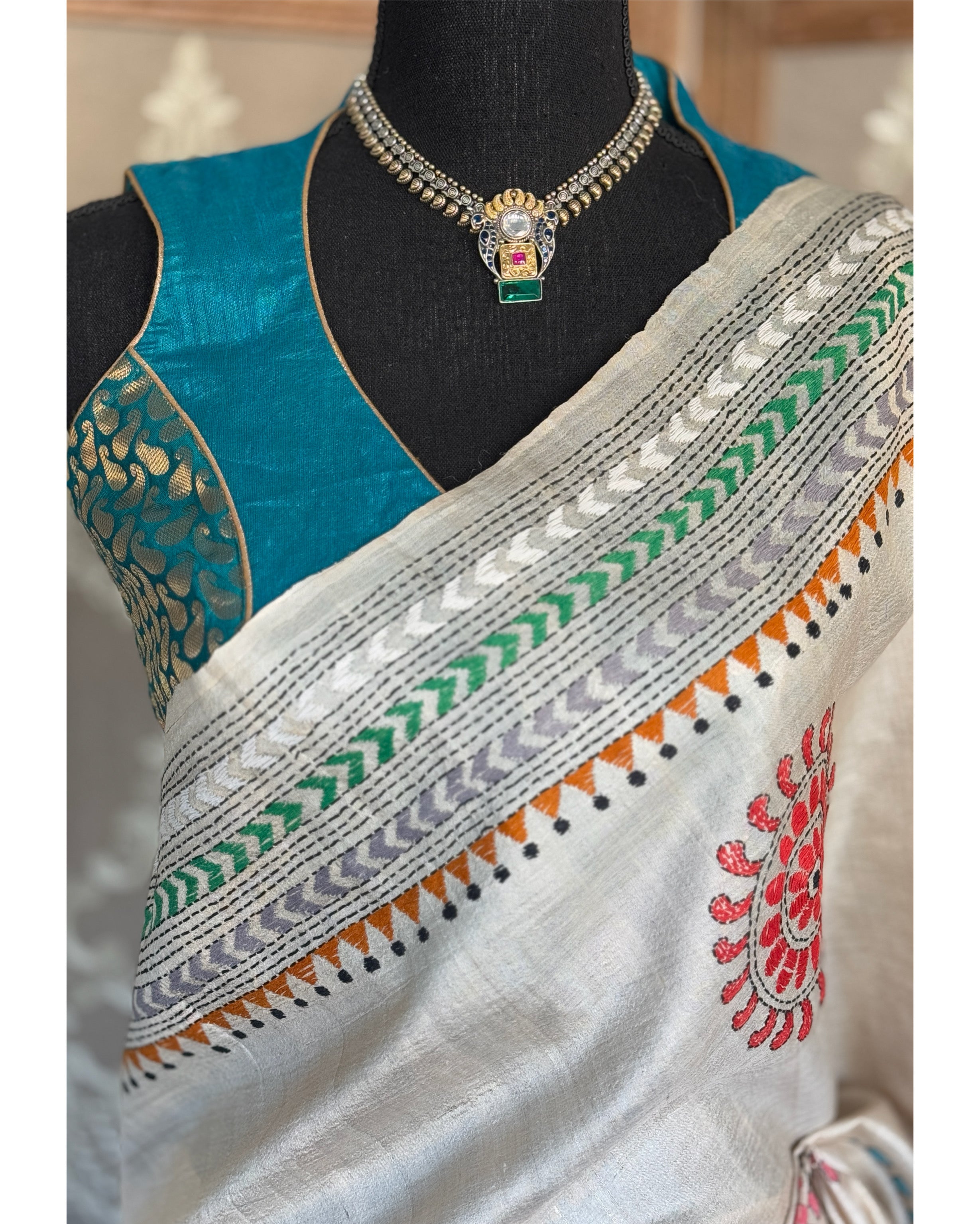 Designer Blouse - Teal Blue Golden Zari