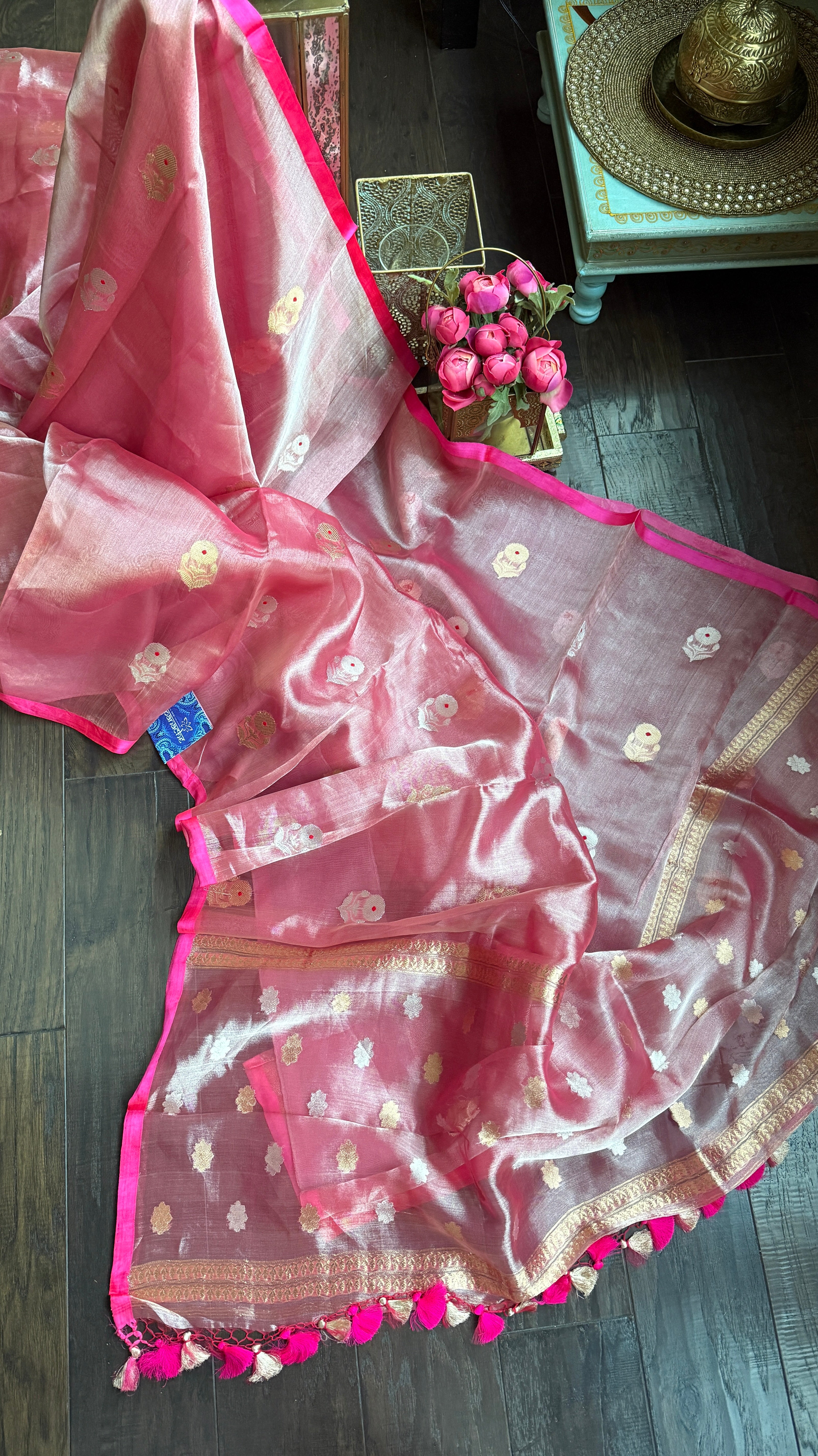 Tissue Organza Silk Banarasi - Pink Metallic Meenakari