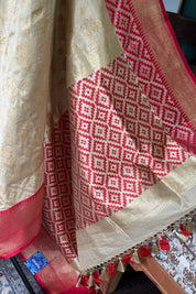 Pure Katan Silk Banarasi - Golden Beige Red Kadwa woven
