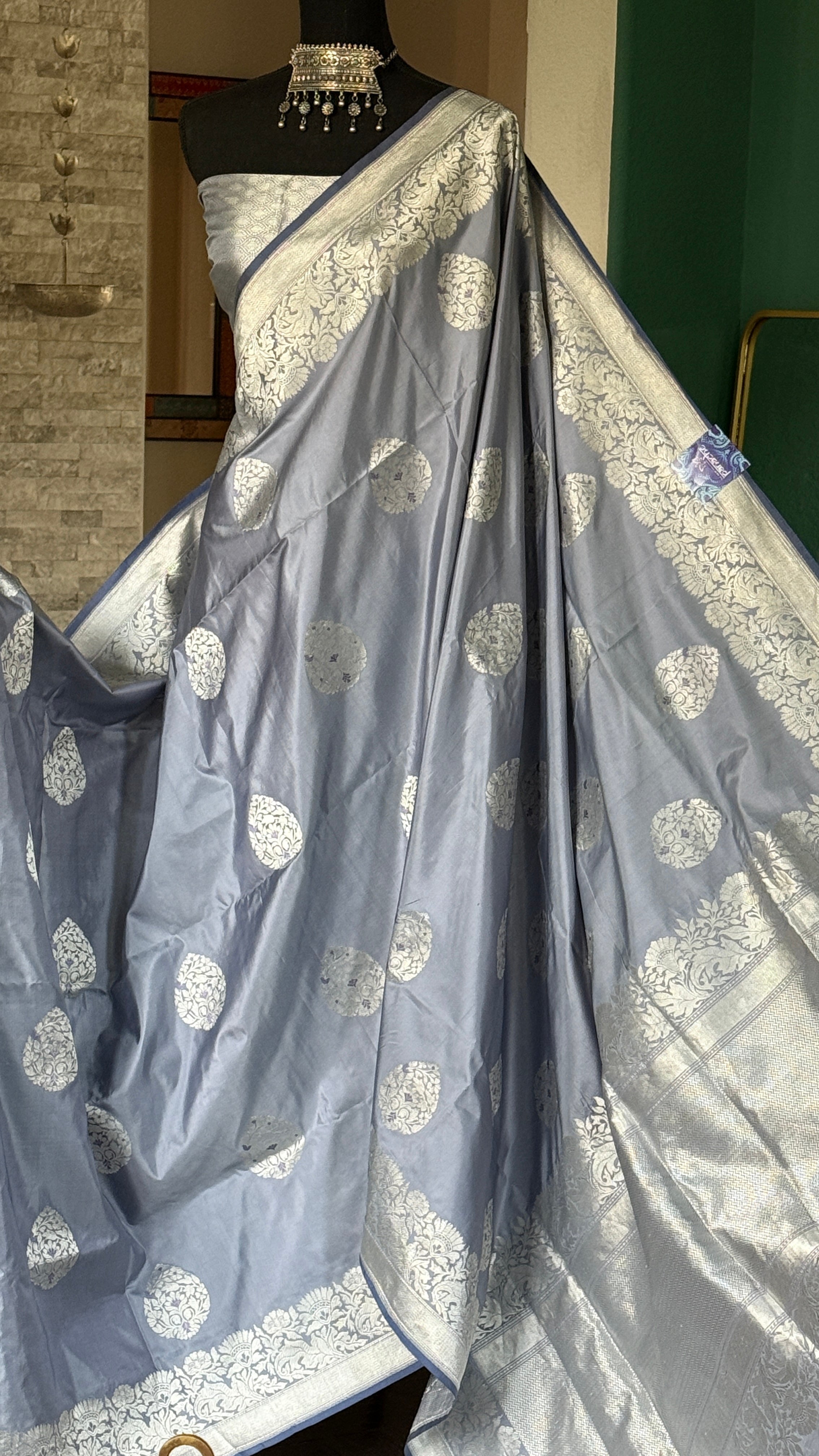 Pure Katan Silk Banarasi - Bluish Grey Meenakari Kadwa