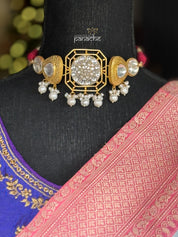 Silver 925 Choker Set - Gold Kundan Stone
