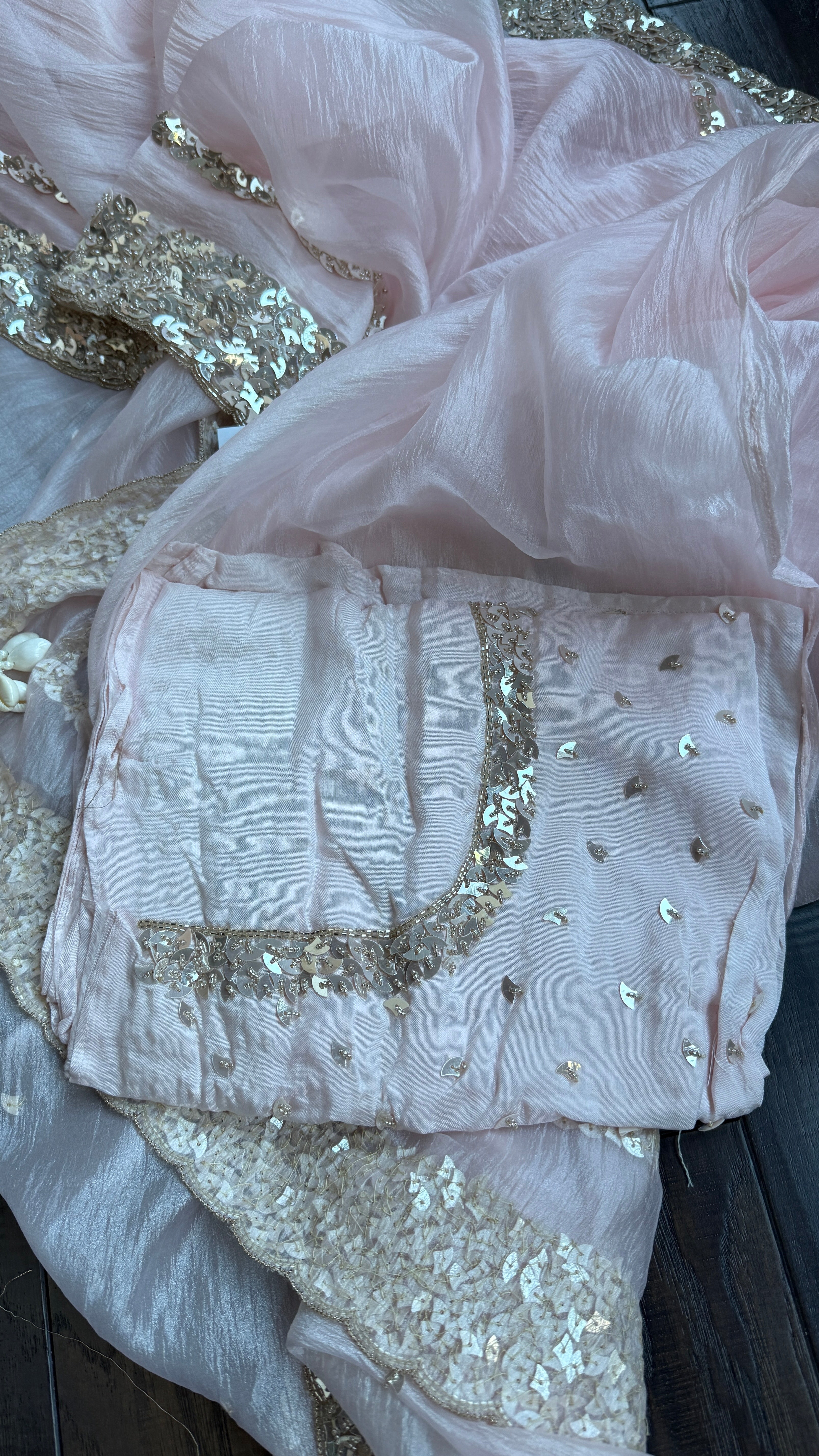 Designer Crushed Chiffon - Baby Pink Sequin Hand Work