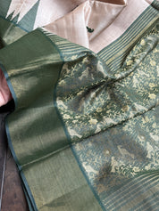 Pure Tussar Silk - Beige Dark Moss Green