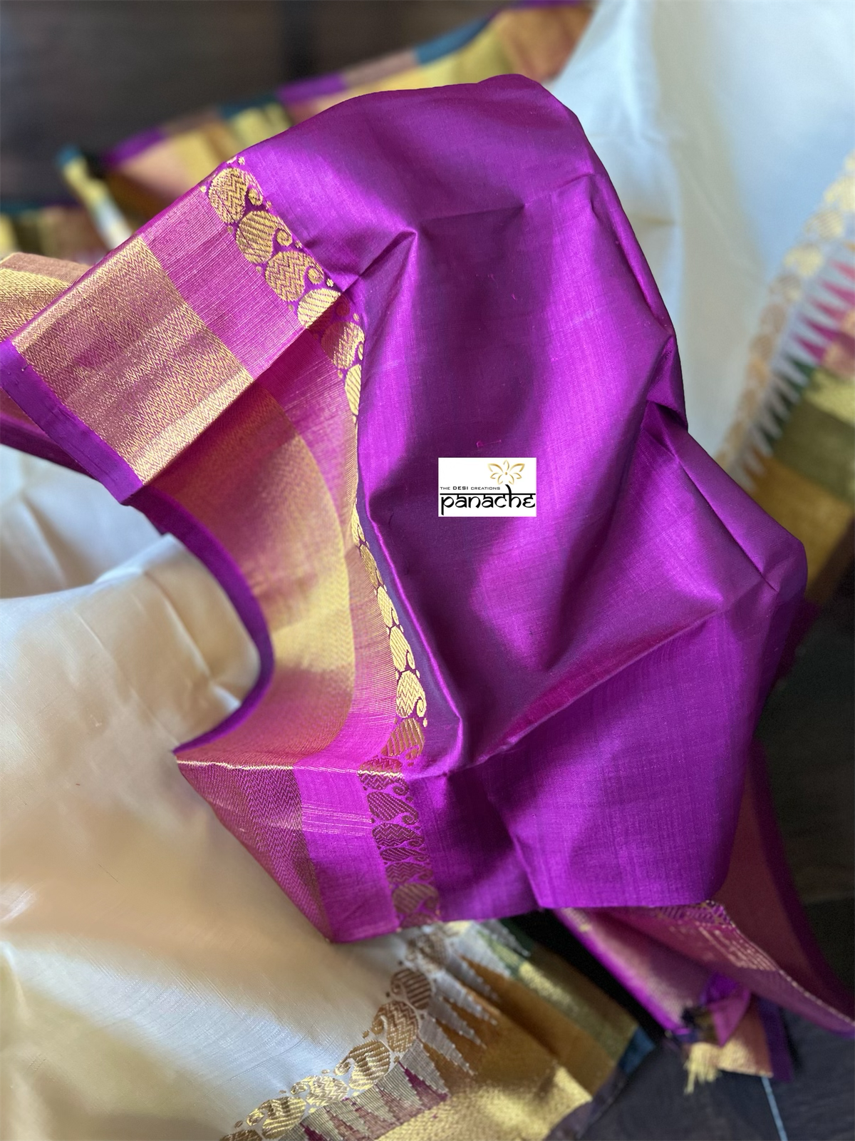 Silk Kanjivaram - Cream Purple Rangkat