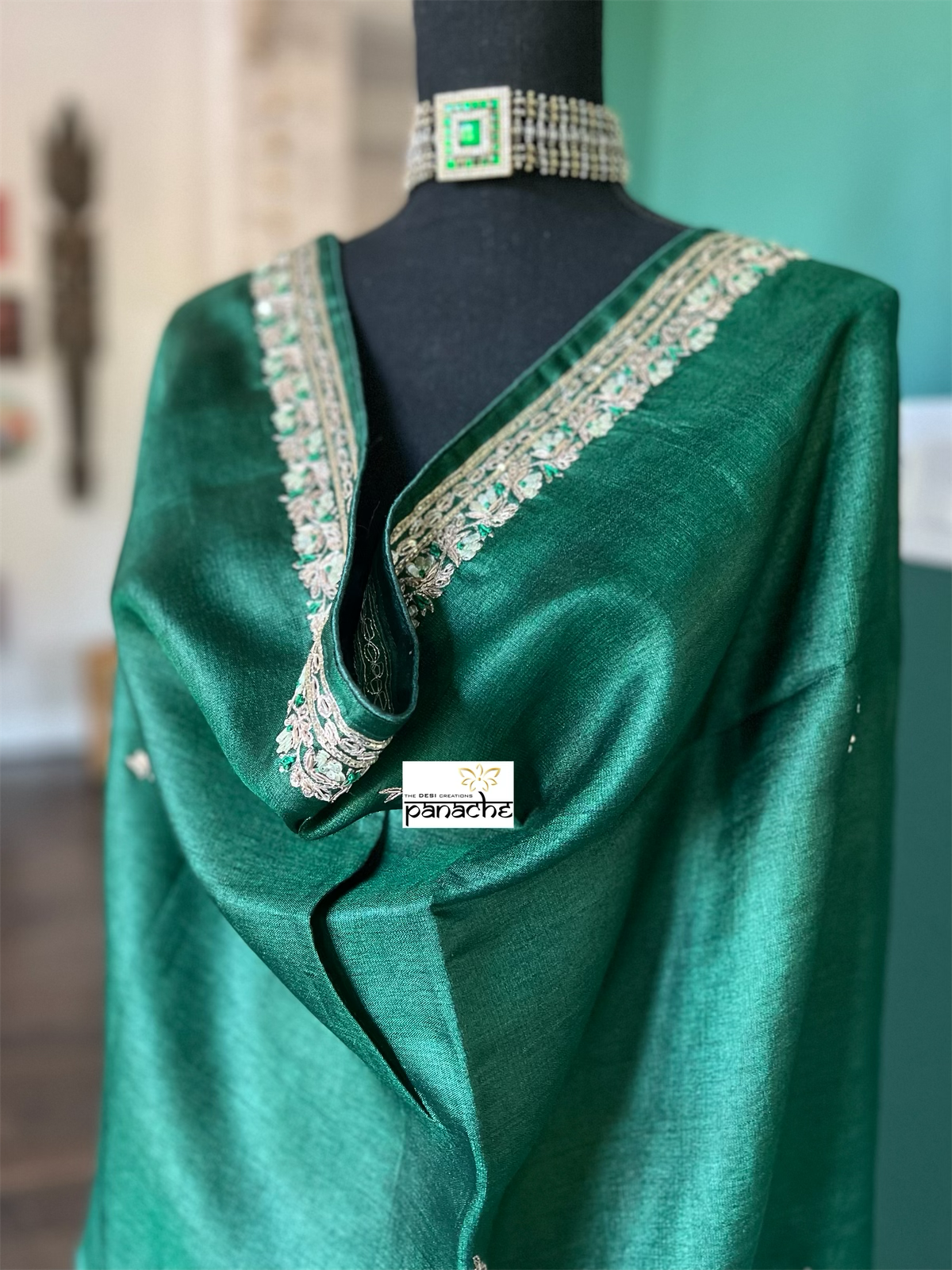 Designer Tussar Silk - Green Hand Embroidered