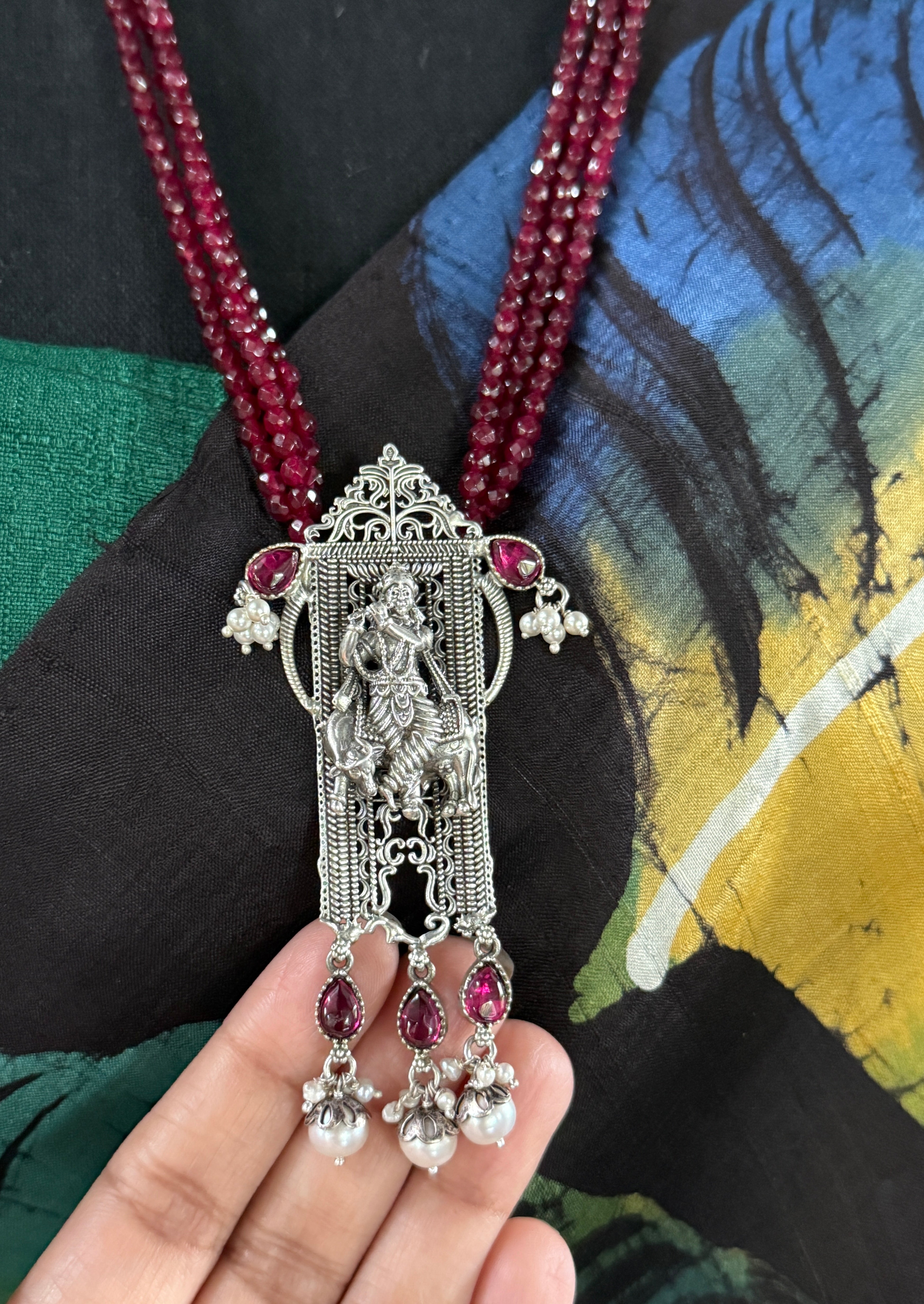 Silver Beaded Necklace - Krishna Pendant