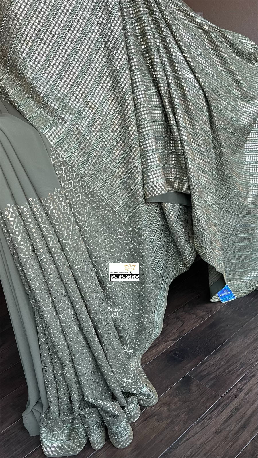 Designer Sequin Georgette - Light Moss Green Sequin work