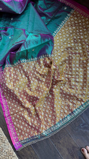 Hand Zardozi Pure Chanderi Pattu Silk - Green Pink Dual Shaded Pink