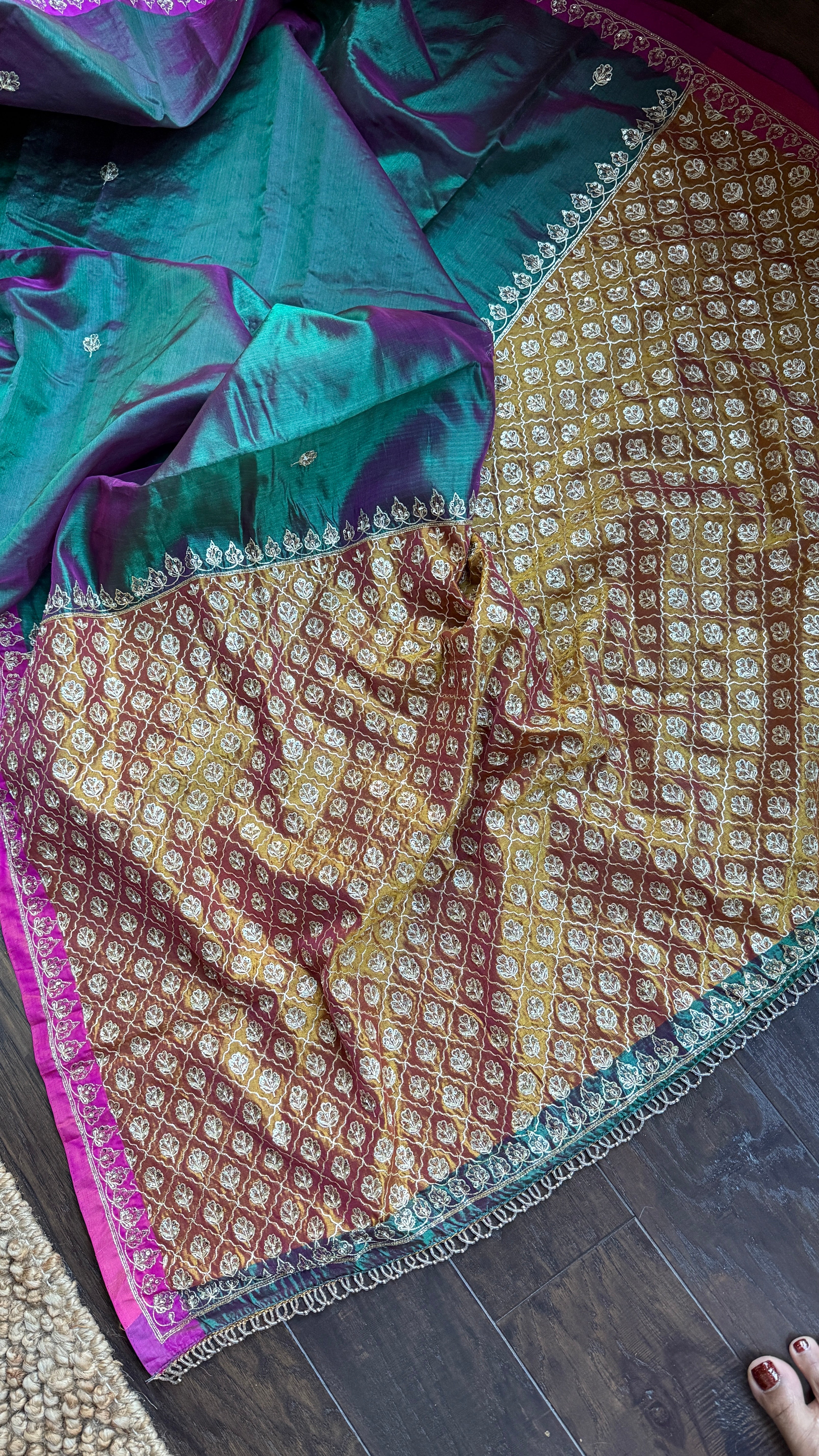 Hand Zardozi Pure Chanderi Pattu Silk - Green Pink Dual Shaded Pink