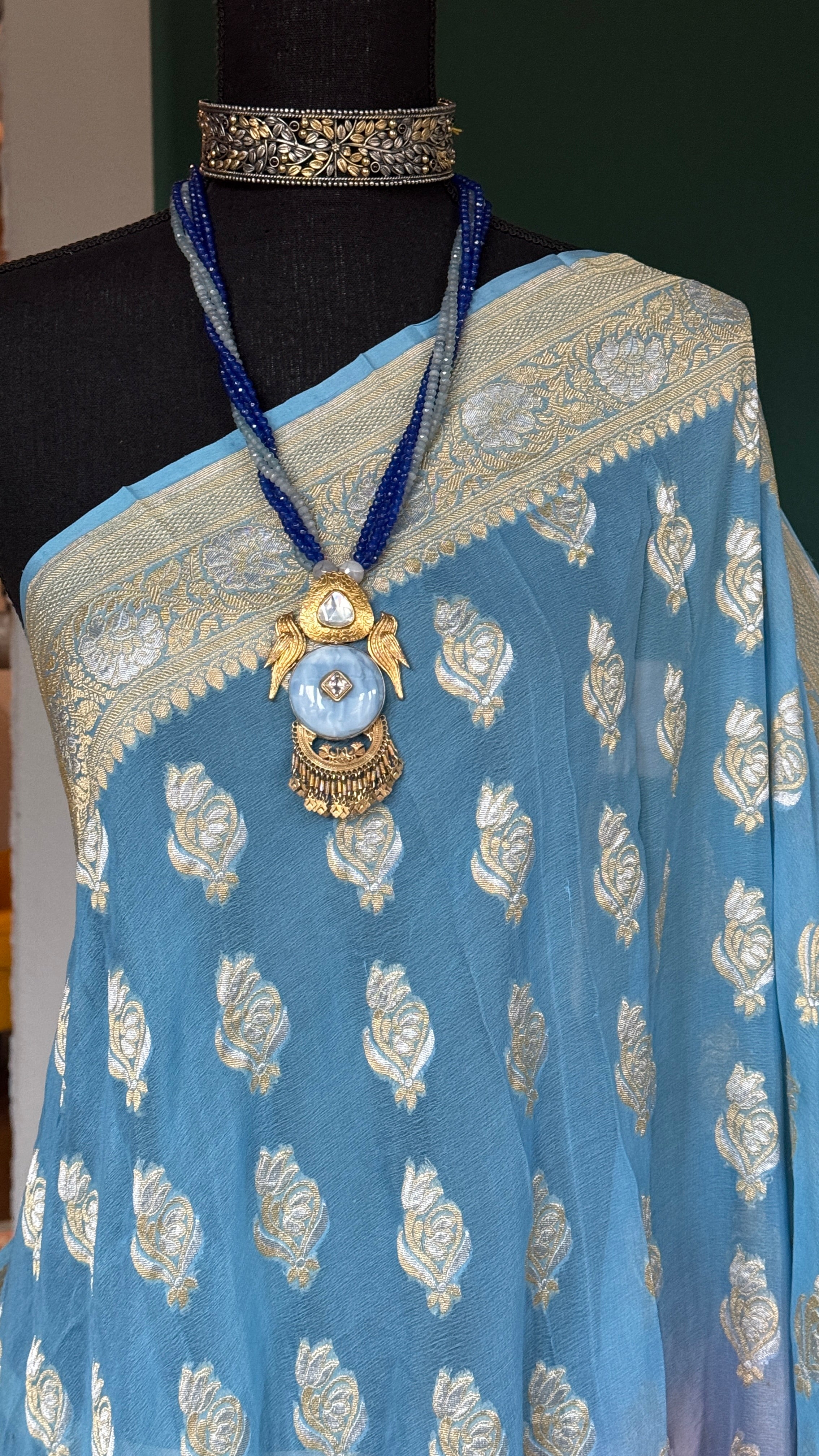 Silver Long Beaded Necklace - Blue Pendant