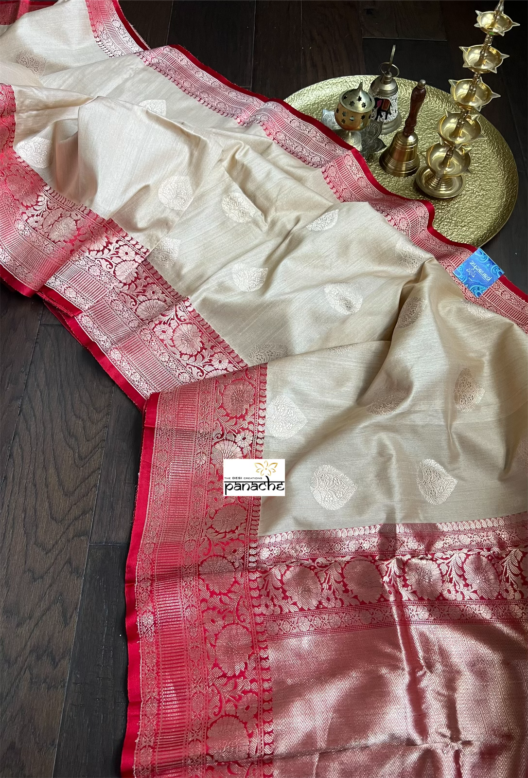 Tussar Silk Banarasi - Tan Beige Red
