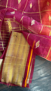 Soft Dupion Cotton Saree - Rust Yellow Maroon