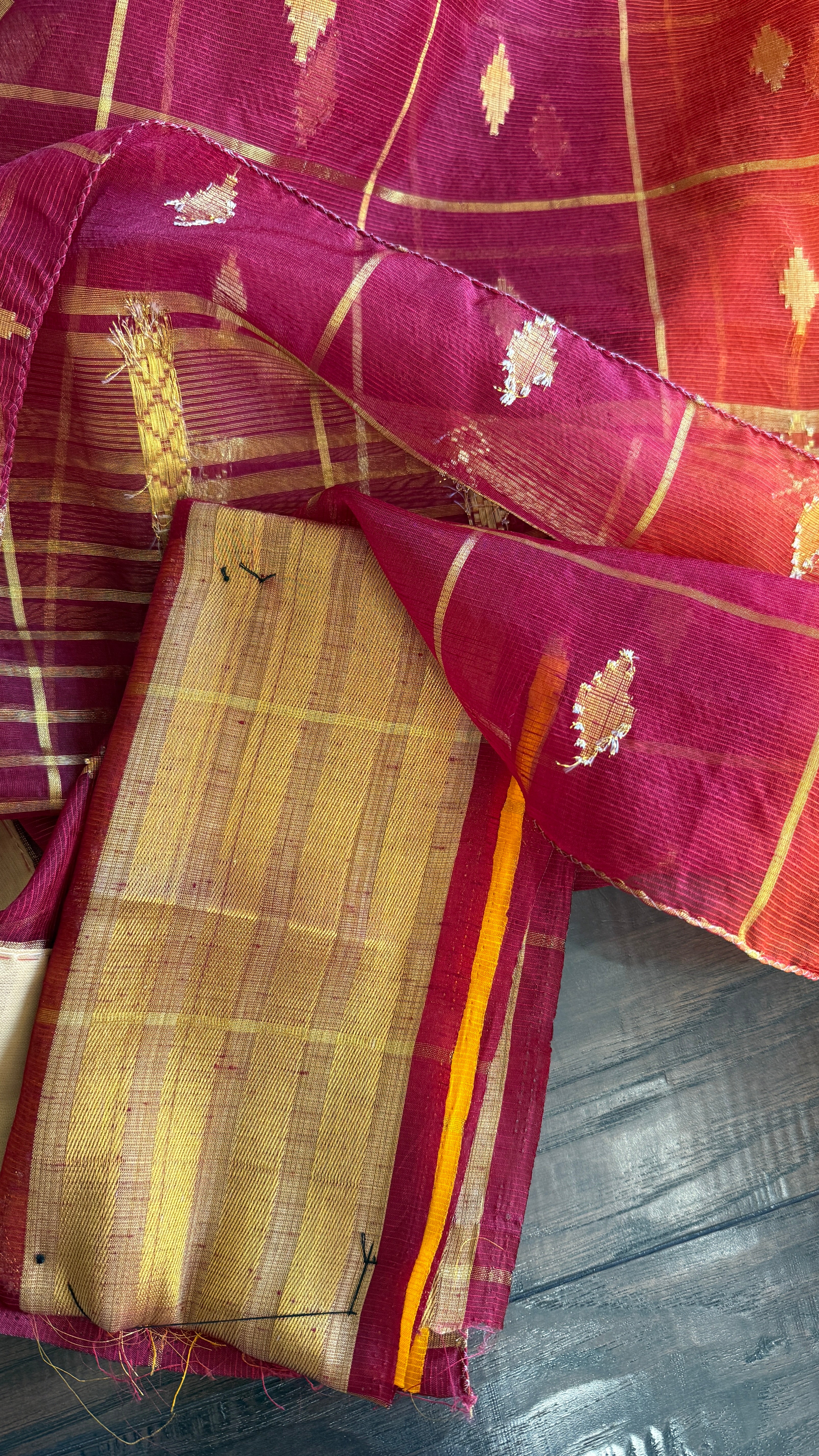 Soft Dupion Cotton Saree - Rust Yellow Maroon