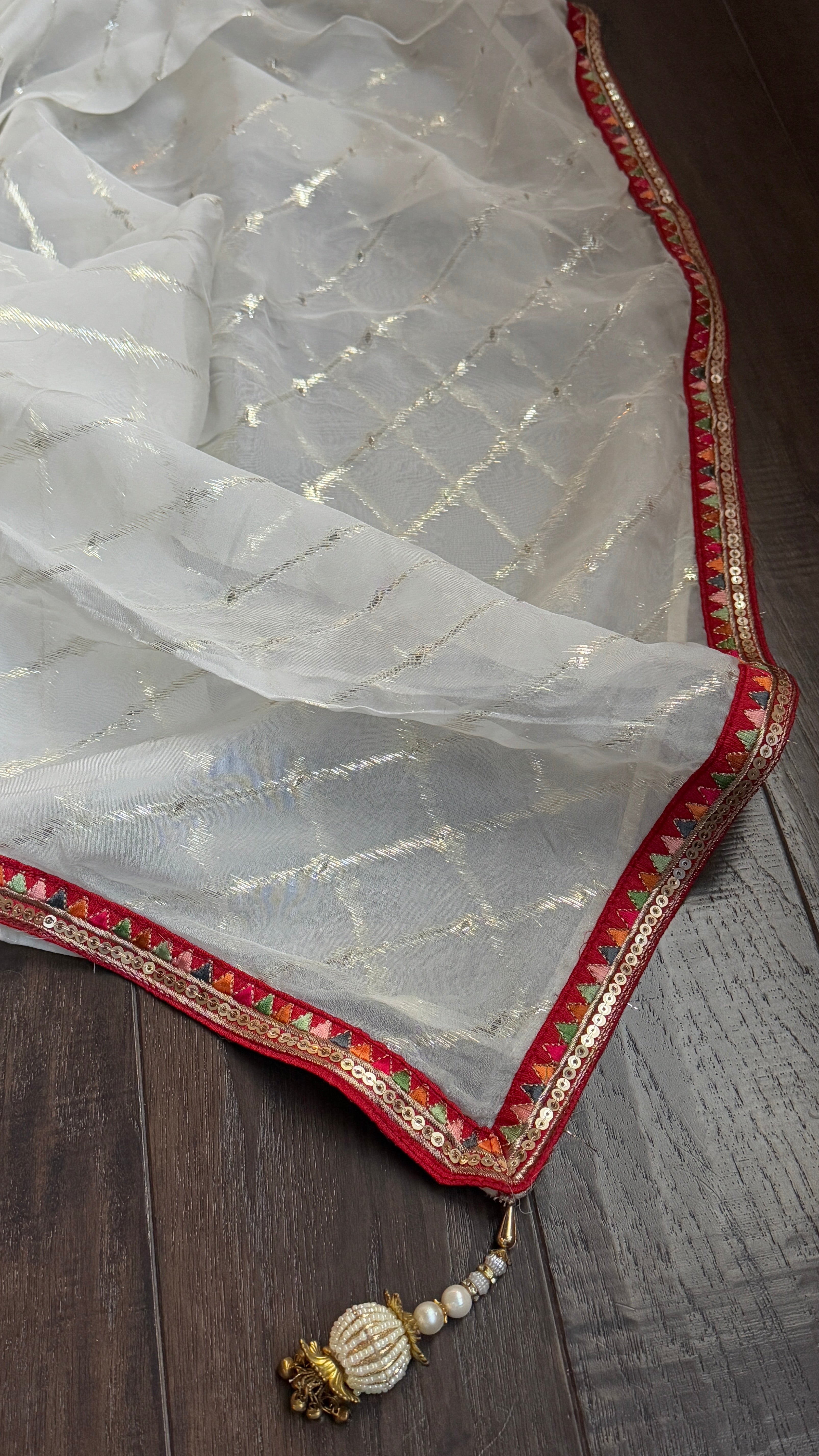 Designer Organza - Off White Silver Zari Leheriya