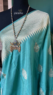 Pure Katan Silk Banarasi - Aqua Sea Green Antique Zari