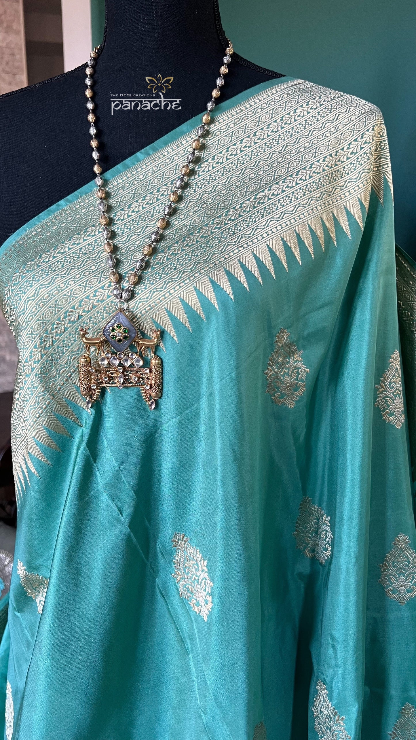 Pure Katan Silk Banarasi - Aqua Sea Green Antique Zari