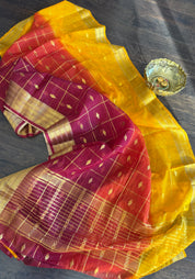 Soft Dupion Cotton Saree - Rust Yellow Maroon